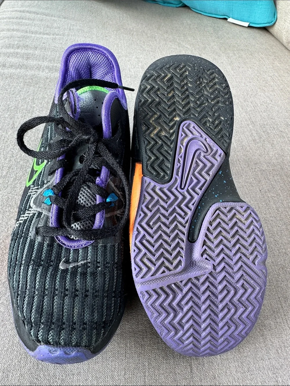 Nike Black Sneakers with Purple Lining and Green Swoosh